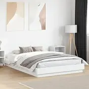 White 150x200 cm Queen Size Bed Frame with RGB LED Lights, Engineered Wood & Plywood Slats - Sturdy Modern Platform Design, Low Profile for Bedroom Decor