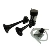 Black 12V Twin Trumpet Air Horn Set With Strong Chrome Compressor