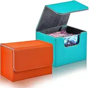 2 Large Leather Card Boxes - Fit 100+ Sleeved Cards, Game Box for Collectible Playing Cards, Compatible With MTG TCG (Orange, Teal, Horizontal)