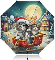 [RPLIFE] Umbrella, Auto Open Close Umbrellas for Rain Compact Windproof, Compact Size for Backpacks/Handbags - for Travel, Cute Kittens Red Sleigh