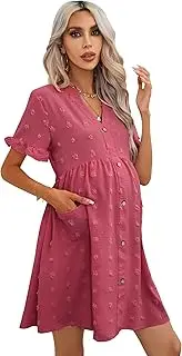 [KOJOOIN] Maternity Swiss Dot Dress Summer V Neck Short Sleeve Button Down Mini Dress Baby Shower Photoshoot with Pockets, Rosy, Large