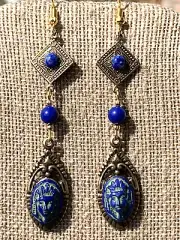 NEW ITEM*EGYPT REVIVAL CZECH NEIGER GLASS PHARAOH EARRING W/NATURAL LAPIS.g