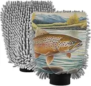 XYMZR Retro Trout River Absorbent Microfiber Car Wash Mitt, Funny Cute Anime Scratch Free for Cars Cleaning, Home Cleaning Mitts, 2 Pack, 10.24” L x 7.09” W