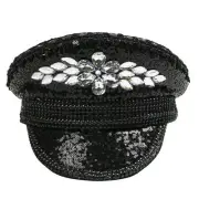 Black Steampunk Captain Hat with Silver Rhinestones for Burning Man