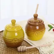 Honey Jar With A Wooden Stirring Dipper. Ceramic Honey Pot Retro Style