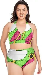 [Caihoyu] Extended Size Bikini for Women Tummy Control Bathing Suits High Waisted Bikini Swimwear Illustration Bright L