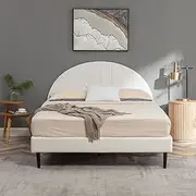 Furb King Bed Frame Platform Solid Pine Wood Boucle Fabric Bed Base Mattress with Upholstered Bed Headboard for Bedroom Furniture, White