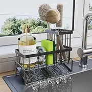 Sponge Holder for Kitchen Sink - Rustproof Sink Caddy with Brush Holder, Kitchen Sink Organizers and Storage Dish Soap Dispenser Home Essentials Organization Accessories (Black, With Brush Holder)
