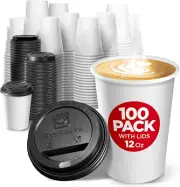 Disposable Coffee Cups with Lids 12 Oz (100 Pack) - Paper Coffee Cups for Hot &