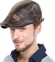 [SHWING] Faux Leather Beret,Cabbie Beret Hat - Trendy Vintage Adjustable Warm PU Leather Newsboy Hat for Hunting, Fishing, Driving Dark Brown