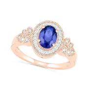 Oval Blue Lab-Created Sapphire and 0.05 CT. T.W. Diamond Frame Leaf-Sides Triple Row Antique Vintage-Style Ring in Solid 10K Rose Gold