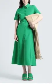 COS Women’s Short Sleeve Collar Shirt Dress Green Cotton Blend Size S