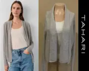 $399 NWT Tahari 100% 2Ply Cashmere Thick Gray Sawl Collar Open Front Cardigan L