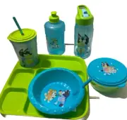 BLUEY Jug & Snack Keeper, Sippy Bowl, Water Bottle W/green Plate 6Pc Set NEW