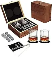 Whiskey Gift Sets for Men, Crystal Whisky Glass Set, Whisky Stones Glasses Gift Set, 2 Whiskey Glasses, 8 Whiskey Bourbon Chilling Stones, Premium Wooden Gift Box, Ideal Gift for Men