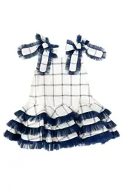 Petite Maison Kids Checkered Linen Tulle Dress in Navy Checkered at Nordstrom, Size 6