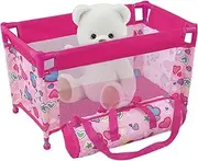 Baby Doll Crib for 18'' Dolls, Foldable Mesh Baby Doll Bed, Heart Pattern Baby Doll Playpen, Portable Baby Doll Pack and Play with Carry Bag Baby Doll Cribs