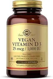 SOLGAR Vegan Vitamin D3 (Cholecalciferol) 25 mcg (1,000 IU) - 120 Softgels - Immune Support, Helps Maintain Healthy Bones & Teeth - Non-GMO, Certified Vegan, Gluten & Dairy Free - 120 Servings