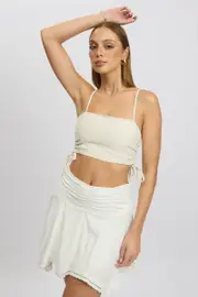 Beige Crop Cami Top Side Ruched Linen Blend - Size 16XL, Women's Crop Top