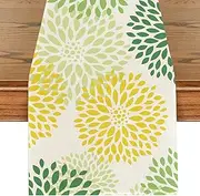 Green Yellow Dahlia Summer Table Runner, Washable Flowers Table Runner, Spring Summer Kitchen Decoration, Indoor, Holiday Party, Table Decoration for Wedding, Birthday, Garden Party, 40 x 140 cm