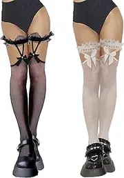 [Elkuaie] 2Pairs Womens Fishnet Stockings, Bow Suspenders Stockings, Lace Mesh Thigh High Stockings, Lace Top Fishnet Stockings, Hold Up Stockings for Women (Black, White), Black, White, One Size