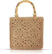 [QTKJ] Straw Bag, Tote Bag for Women, Square bamboo carry handle Hand Woven Beach Bag, Large Capacity Straw Tote Bag Travel Bag for Vacation, Daily Matching, Summer Handbag (Khaki), Khaki