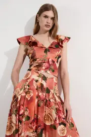 Linen Viscose Floral Printed Woven Ruffle Detail Top