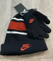 Nike Youth Kids 2 Piece Set Black Red & White Stripe Winter Hat and Gloves NWT