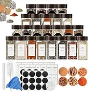 Necomi 24Pack Spice Jars with Labels & Bamboo Lids，120ml/4OZ Kitchen Glass Spice Jars, Spice Containers with Shaker Lids, Label, Pen, Brush, Silicone Funnels (24pcs)