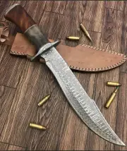 Custom Handmade Damascus Steel Blade Bowie Knife with Camel bone & Wood Handle