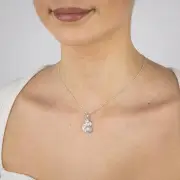 Sterling Silver Rhodium Plated Cubic Zirconia Pink Shell Pearl Moonstone Fancy Pendant, No Chain