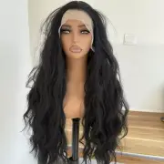 Long Wavy Natural Heat Resistant Hair Frontal T Lace Wig Pre Plucked Black