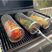 3x Rolling Grilling Basket BBQ Tube Round Stainless Steel Grill Mesh Cylinder