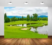 9x6ft Fabric Golf Course Backdrop Green Grass Lawn Woodland Mountain Lake Blu...