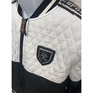 高雄凡賽斯歐洲精品 PLEIN SPORT PS PP運動版 左胸鐵牌Logo 肩線手臂字體 黑白拼色 飛行外套 夾克