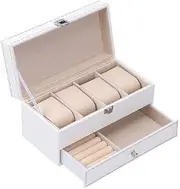 Jewelry Box- Watch Box Organizer with Valet Drawer - Metal Hinge, Carbon Fiber Design, White, Black (Wit) FANDIAO