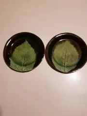 2 Bantam Tileworks Round Glossy Textured Black & Green 6" Leaf Plates NEW