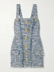 [Balmain] Balmain - Button-embellished Frayed Cotton-blend Tweed Mini Dress - Light blue - FR 36 FR 36 Blue