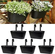 LOVOUS 5 Pack Railing Planter for Outdoor Plants Balcony Hanging Flower Pots with Detachable Hooks Metal Hanging Planters for Fence Garden Yard Patio Porch Home Decor,Black