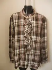 Chicos 2 Ruffle Neck Blouse Double Espresso Brown NWT $99 Plaid Top Button Front