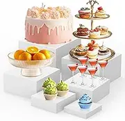 Ngdiluxury 6Pcs Buffet Risers,Food Risers for Buffet Table Display Stand Shelf for Party Catering Desset Jewelry Collectibles Acrylic Cube Boxes Display Nesting Risers with Hollow Bottoms White