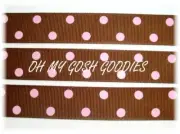 LAST 2 - 25 YARD ROLL SALE - 7/8 BROWN PINK OFFRAY POLKA DOTS GROSGRAIN RIBBON