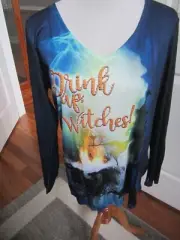NWT ONE WORLD Womens Top Large. Drink up witches W/ Sparkle V-Neck,