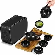 Flexzion Chinese Japanese Vintage Kungfu Gongfu Tea Set Portable Travel Teapot, (Matte Black) Porcelain Ceramic Tea pot, 4 Tea Cup, Bamboo Tea Tray, Tea Mat, Portable Travel Bag