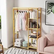 [BORWART] Bamboo Open Wardrobe Coat Stands: Freestanding 6 Shelves Closet Organizer - Wood Clothing Hanging Rail Garment Rack with Back Cover for Clothes Shoes Storage