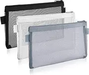 3 Pack Pencil Organizer, Hair Organizer, with Zipper Nylon Mesh Pen Pouch Pencil Case Stationery Storage Bag for School&Office Supplies Cosmetics Travel Accessories (Black+White+Grey)