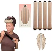 ZANZER (4-5 Pack) Jumbo Hair Heatless Curler Rod with Headband, Heatless Headband Curling, Heatless Curling Ribbon with Hook and Kerchief, Easy to Use Sleep Curling Ribbon, Curl Styling Kit for Sleep in Overnight (Khaki, 5 PCS)