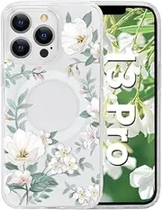 Tcaraersing for iPhone 13 Pro 6.1'' for Magnetic Clear Flower Case, Compatible with MagSafe, Floral Pattern Transparent Shockproof PC Back Soft TPU Slim Thin Cover for Girls Women - Magnolia