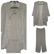 NWT Tan Brown Embroidered Sequin 3-Piece Pant Suit 10, Jacket, Pant & Shell Top