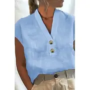Women's Cotton Linen Shirts Cotton Linen Shirt Blouse Plain Basic Modern Casual Short Sleeve V Neck Regular Tops Holiday Going out Buttons White Pink Green Lig